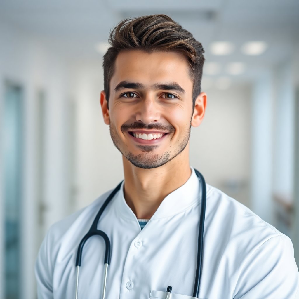 Portrait of a professional male physiotherapist in a clean white medical uniform, friendly expression, blurred clinic background, professional photography style, high quality, sharp focus.